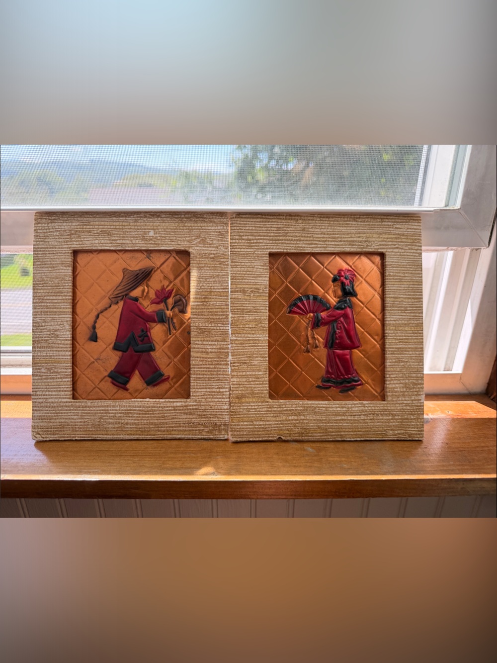 Mid century Chinoiserie tooled copper plaques by Wanda Irwin